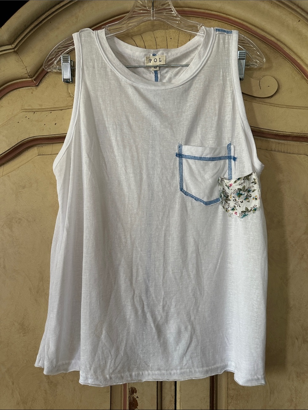 POL White Tank Top with Blue Stitching and Patchwork Floral Details size Medium